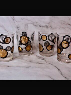 Set of 4 Vintage Libbey World Coins Gold and Black Rocks Glasses